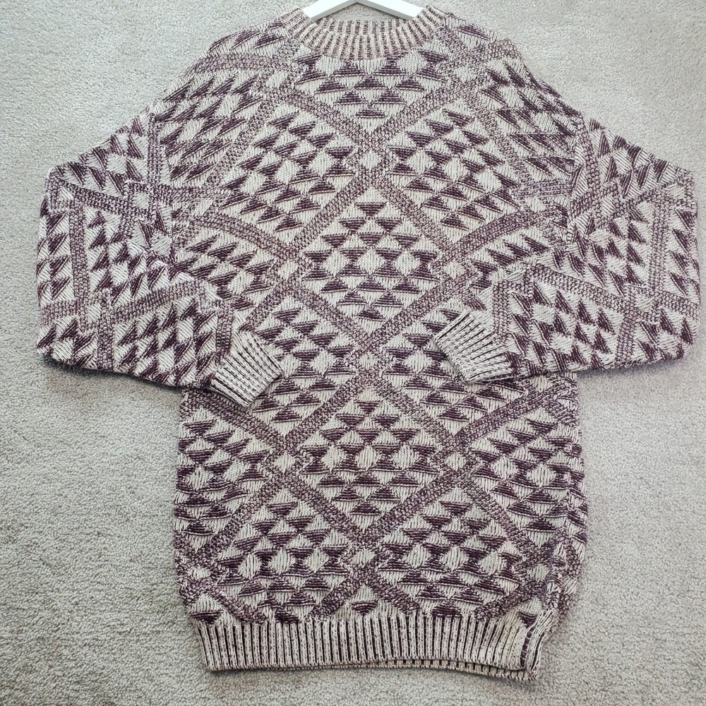 Vintage 90s Pandor's Sweater Men Large Burgundy Cream Knitted Triangle Pattern